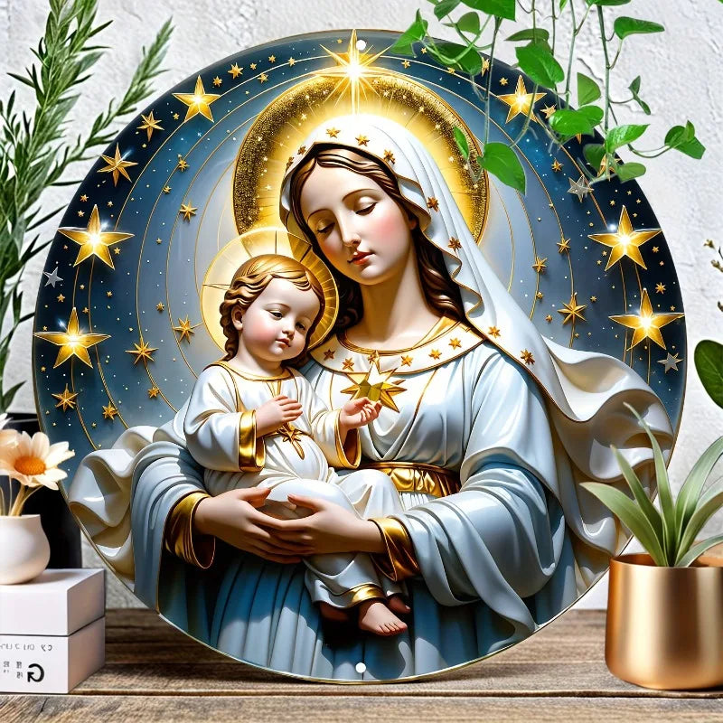 Decoração Católica Nossa Senhora com Menino Jesus e Estrelas Celestiais
