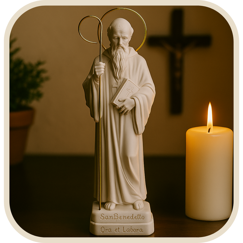 Imagem São Bento de Mármore 30cm (Coroa Folheada de Ouro) - Decoração com Fé®